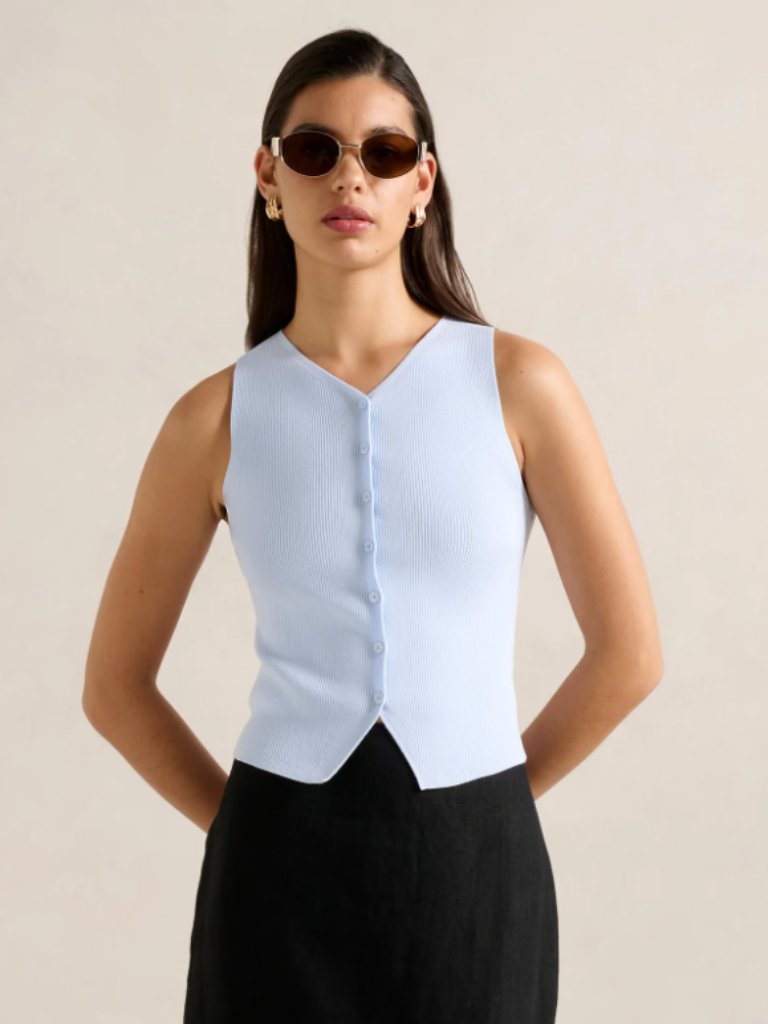 Aritzia Wilfred Ribbed Button Front Tank Top Blue Medium